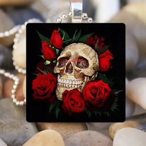 Skull and Roses Silver & Glass Tile Necklace